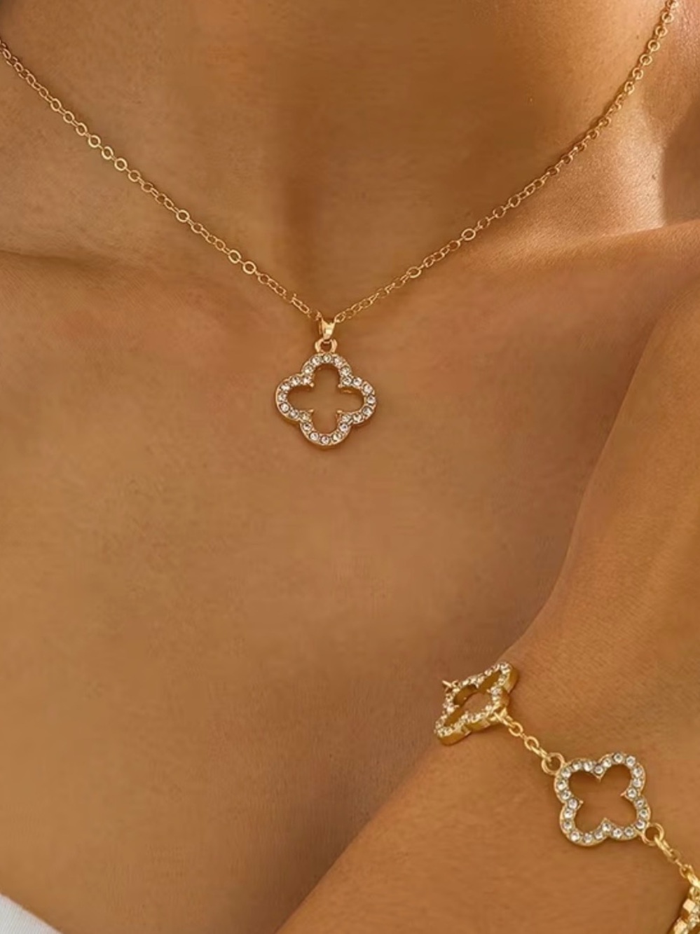 Van Cleef Gold Clover Pendant Necklace and Bracelet Set with Crystal Accents